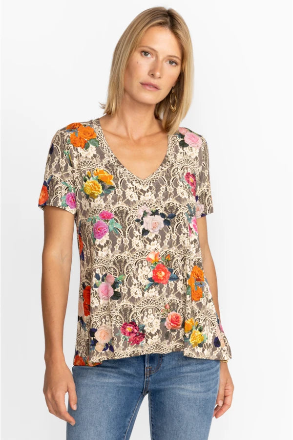 ROSE LACE FAVORITE SHORT SLEEVE V-NECK SWING TEE
